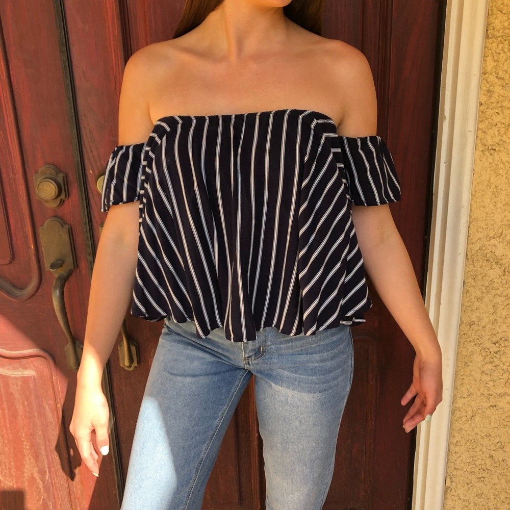 Navy Blue and White Striped Strapless Top